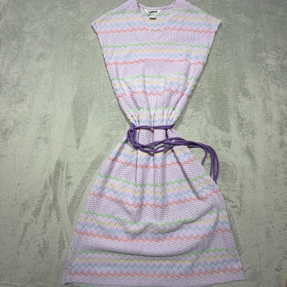 Vintage 70s Lavender Zigzag Knit Polyester Sleeveless Shift Dress Size 12 S/M